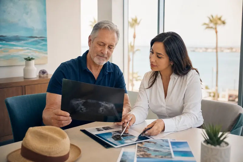 A woman reviewing dental travel documents with a coordinator in a bright office
