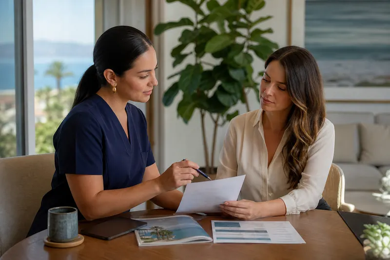 A woman reviewing travel documents and a written estimate with a coordinator in a bright office.