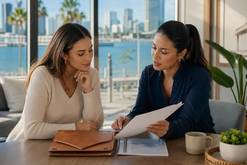 Woman reviewing travel documents and a written quote across a desk in a bright office.