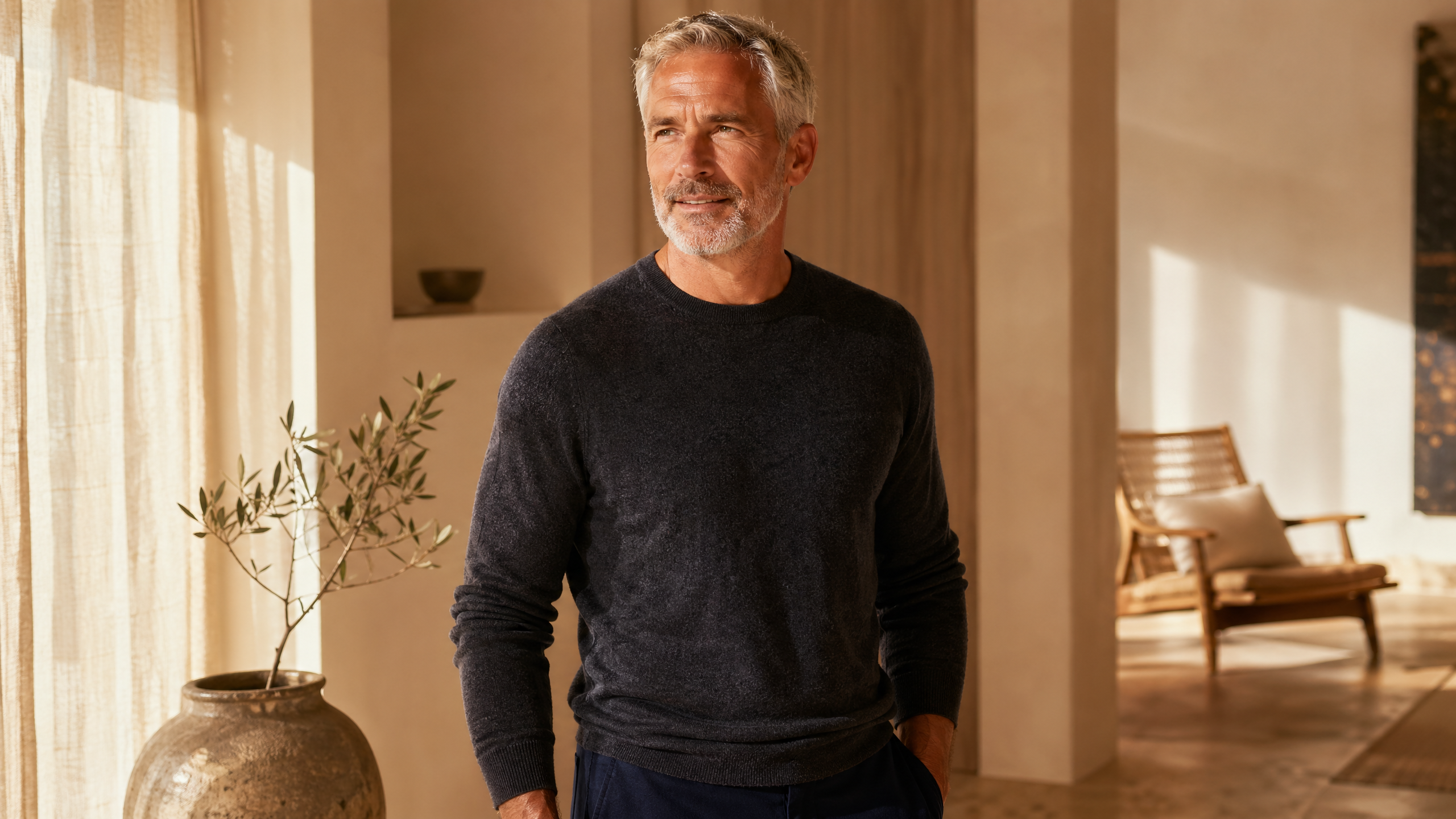 Vital older man in cashmere standing in a sunlit minimalist wellness suite