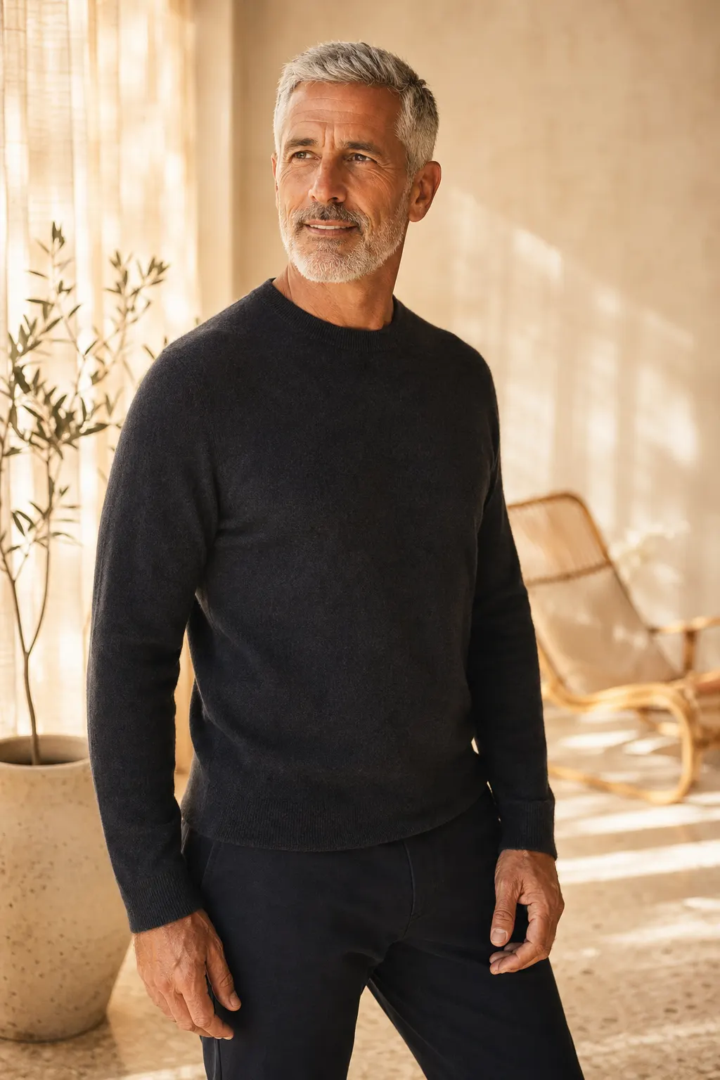 Vital older man in cashmere standing in a sunlit minimalist wellness suite