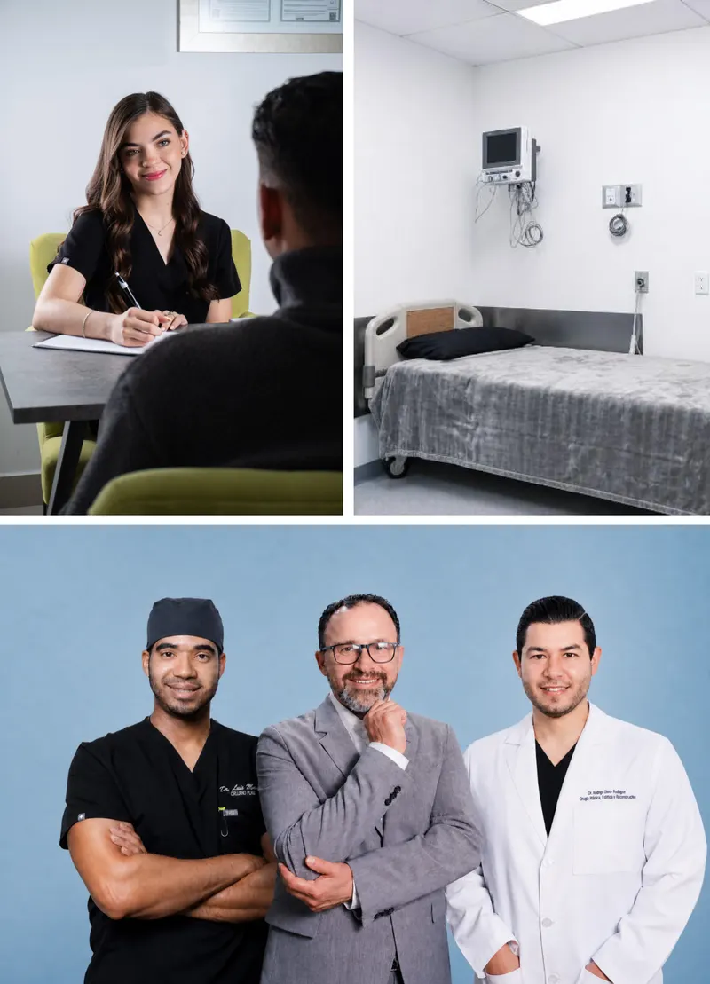 A three-up Allure RT MX collage: Lead Patient Coordinator Natalia Gonzalez coordinating a patient consult, a private recovery room, and three of our partner surgeons standing together.