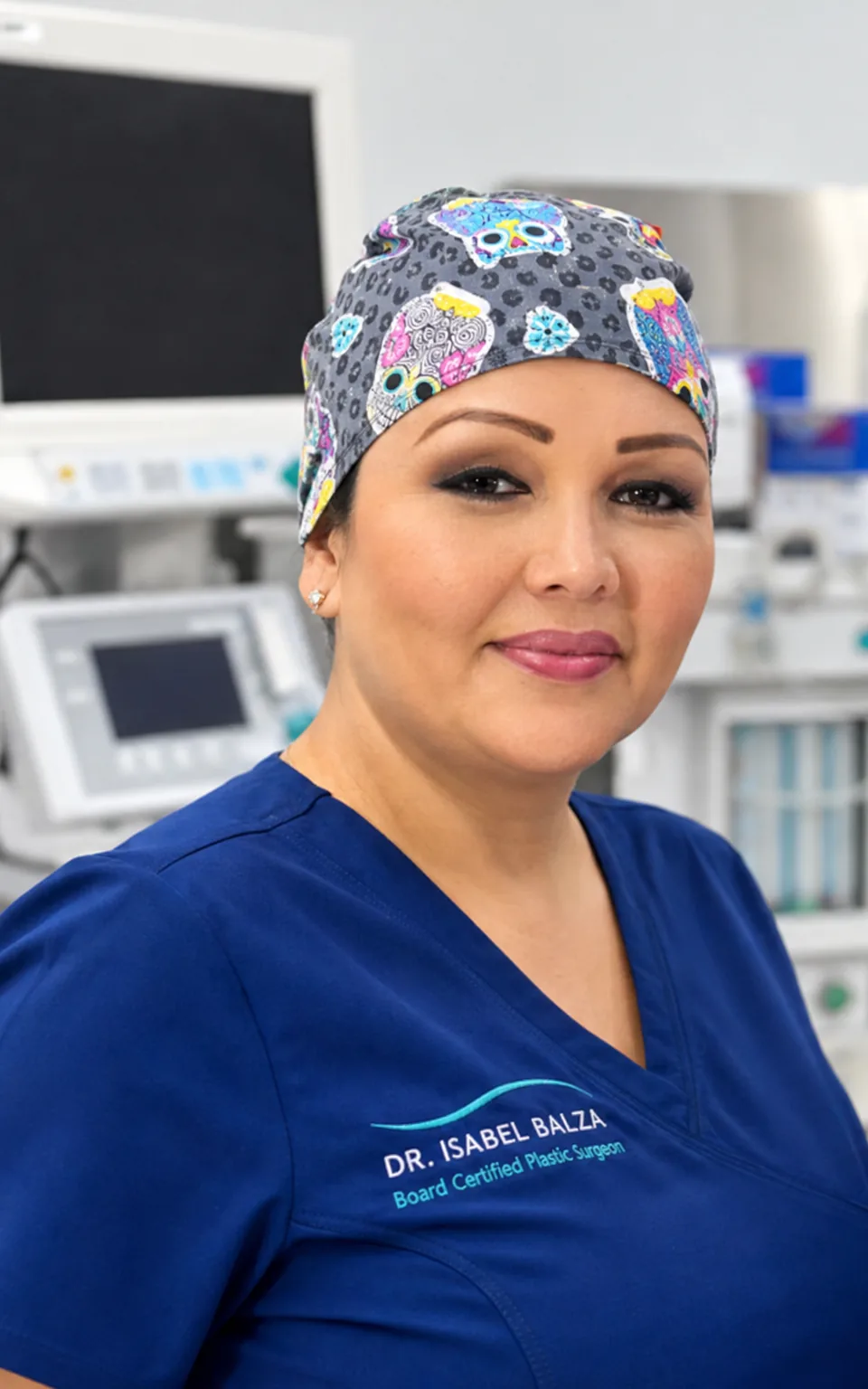 Laura Valdez, surgical assistant, in navy scrubs and a patterned surgical cap in the operating room