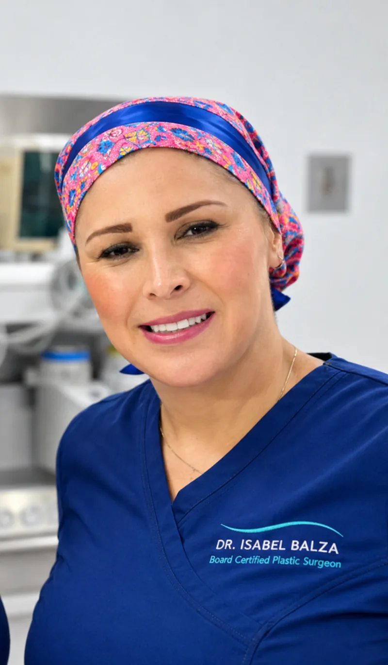 Vicky Rodriguez, surgical assistant, in navy scrubs and a pink surgical cap in the operating room