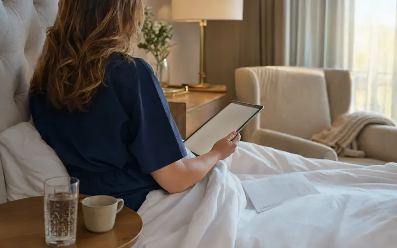 A woman sits up in a private recovery suite reviewing a checklist on a tablet.