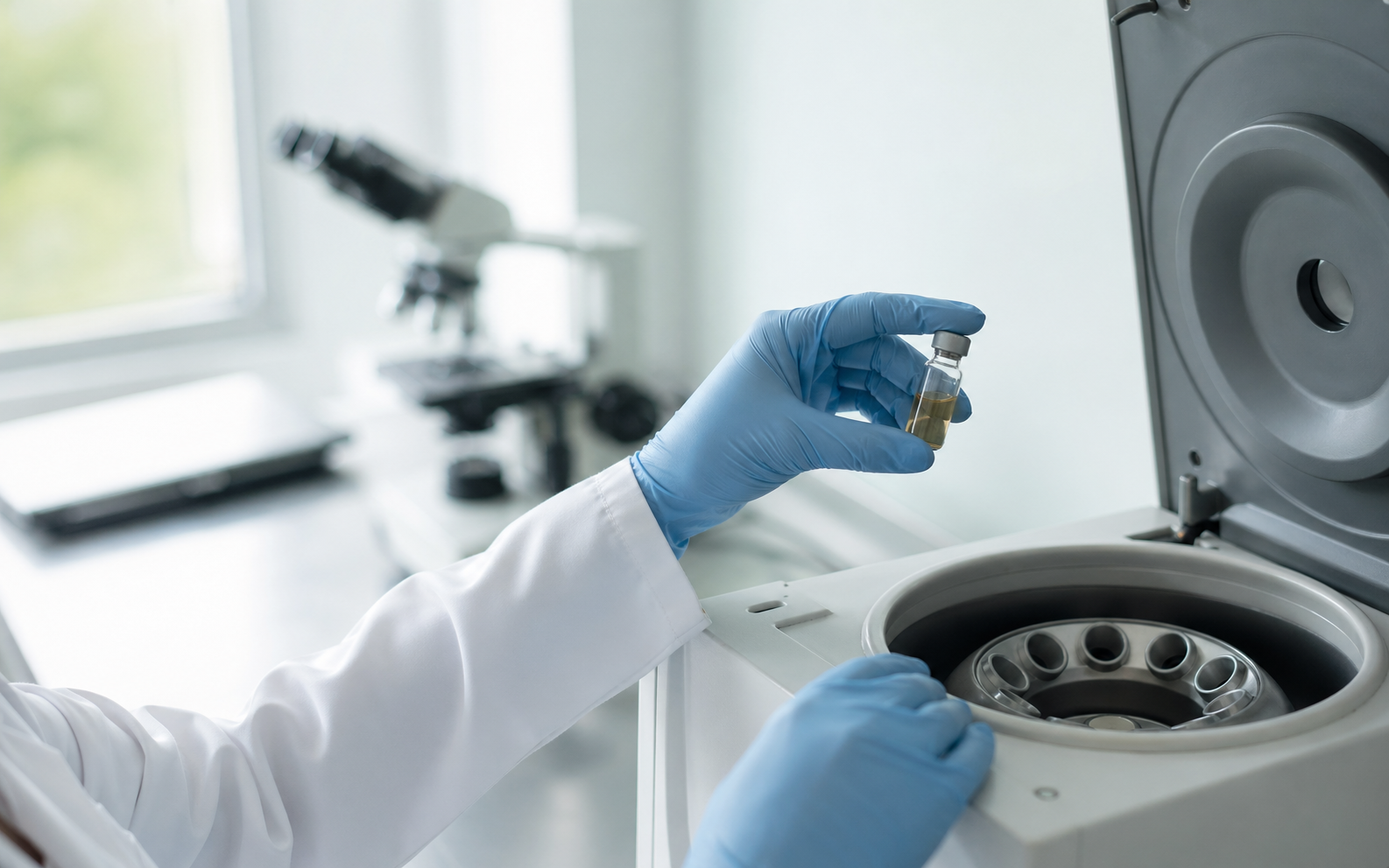 Gloved hands holding a stem-cell preparation vial above a centrifuge in a clinical lab.