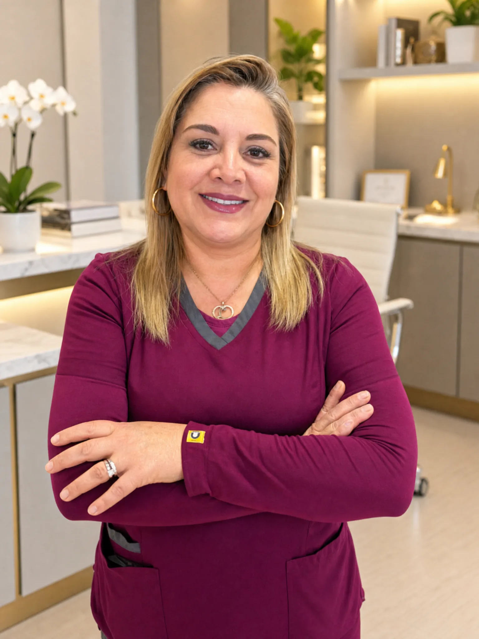 Danae Otero, patient coordinator, in burgundy scrubs in a bright clinic office