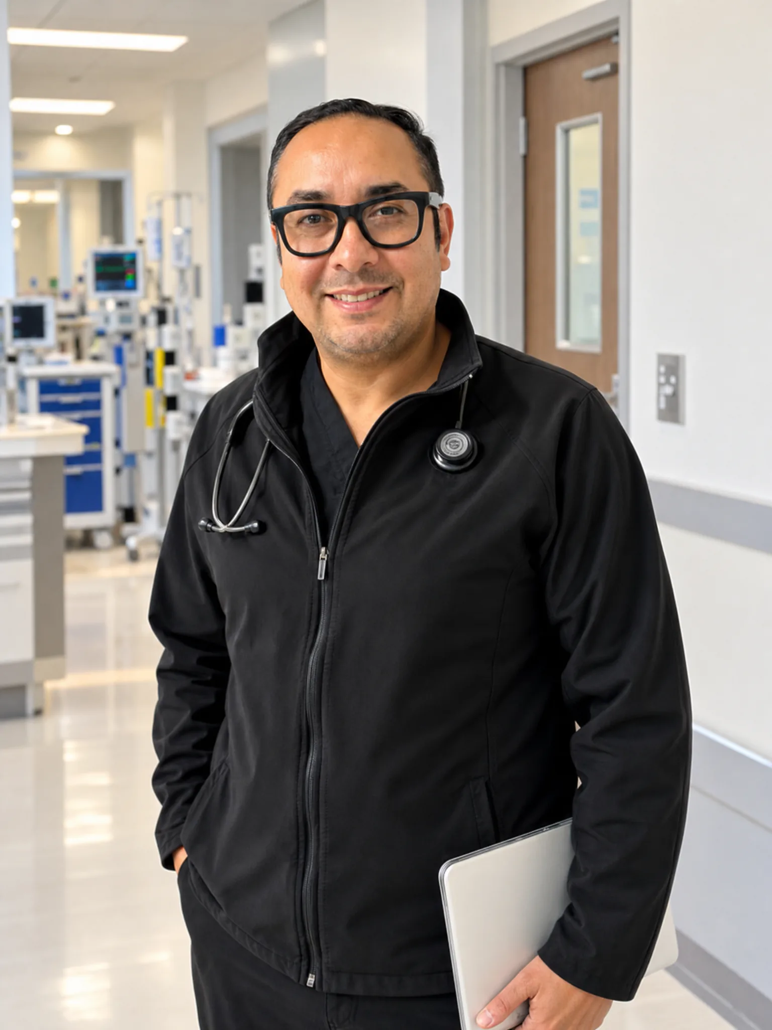 Dr. Carlo Aguayo, critical care and intensive care physician, in a hospital corridor