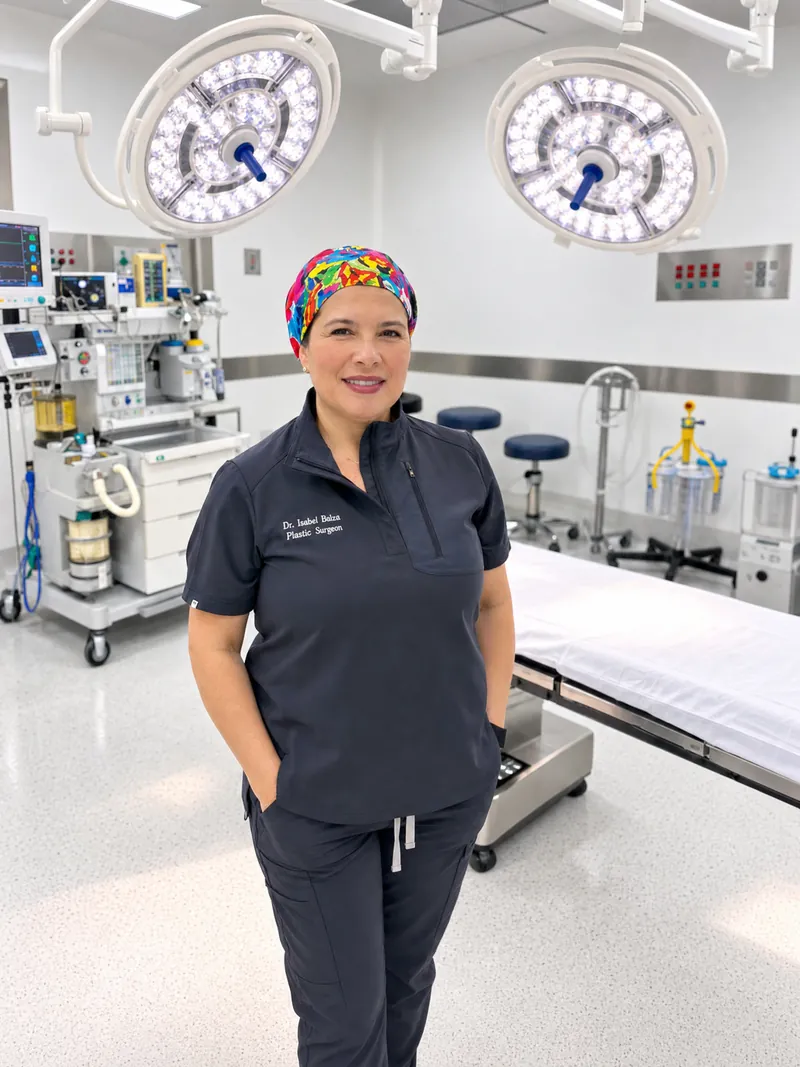 Dr. Isabel Balza in navy scrubs and a colorful surgical cap, standing in the operating room