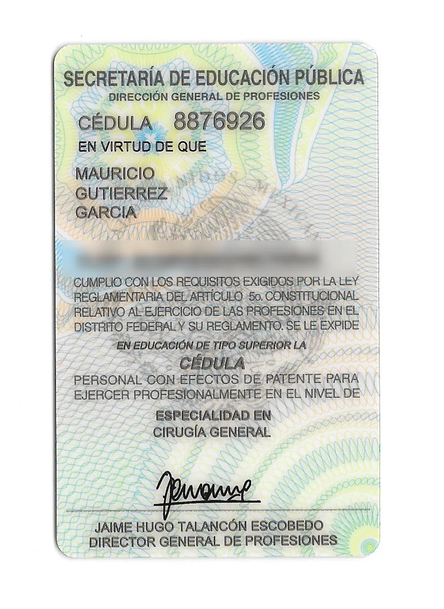 SEP professional license card 8876926 for Mauricio Gutierrez Garcia, specialty in general surgery, with personal ID number blurred