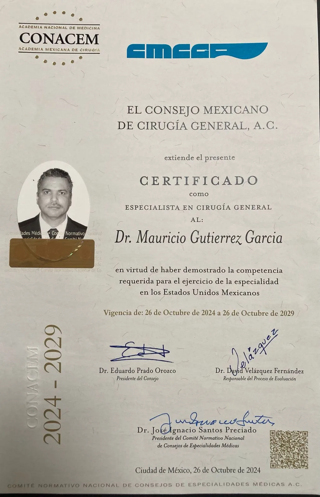 CONACEM certificate naming Dr. Mauricio Gutierrez Garcia a specialist in general surgery, valid October 2024 to October 2029