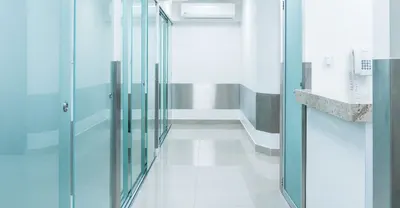 Mint frosted-glass treatment hallway with intercom counter at the Tijuana clinic