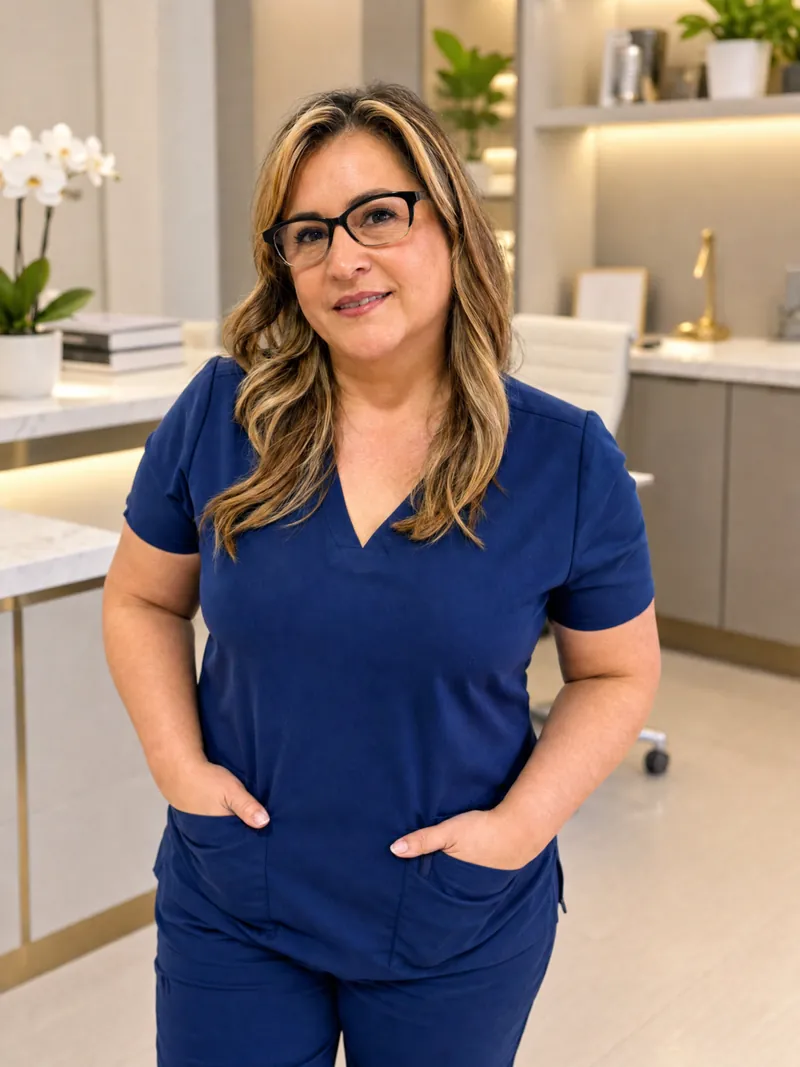 Norma Castillo, patient coordinator, in navy scrubs and glasses in a bright clinic office