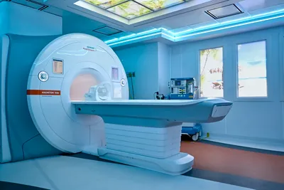 MRI suite at Hospital Angeles Tijuana with a wide-bore scanner and calming skylight ceiling
