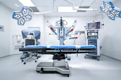 Operating room at Hospital Angeles Tijuana with a robotic-assisted surgery platform and surgical lights