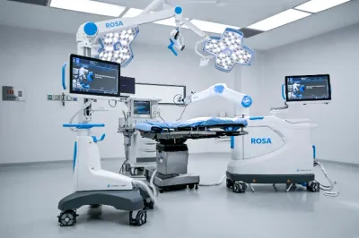 Robotic surgical suite at Hospital Angeles Tijuana with monitors and a robotic arm over the table