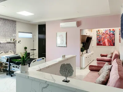 Private patient suite at Hospital Bellas Artes with hospital bed, lounge sofa, and artwork