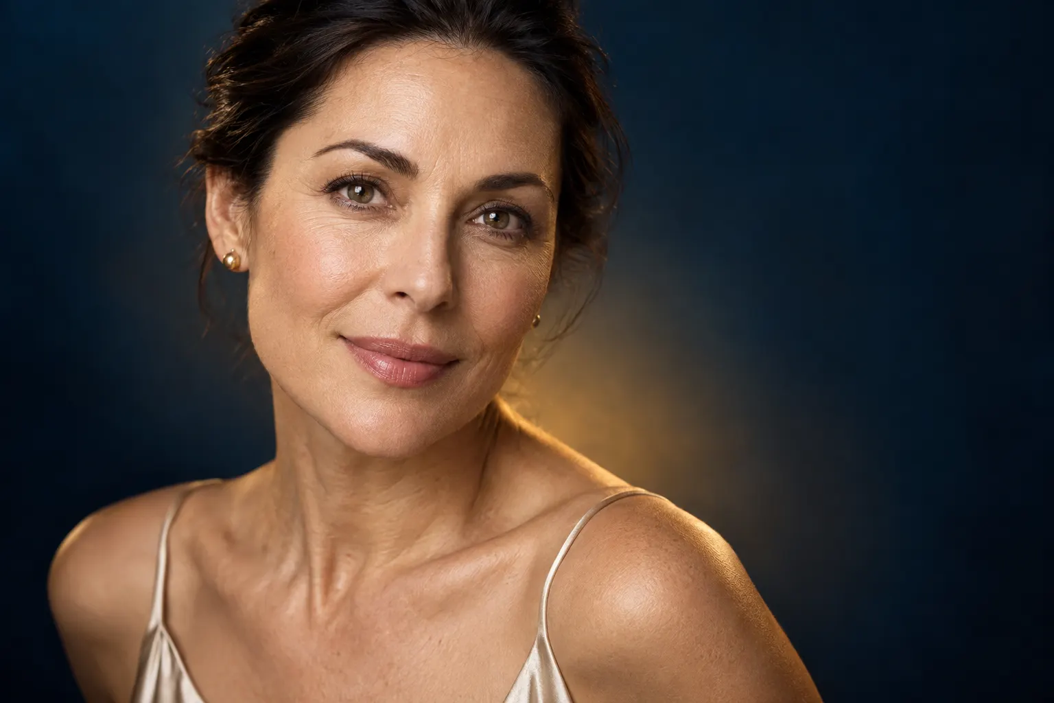 Blepharoplasty patient with bright, rested eyes in an elegant navy studio portrait