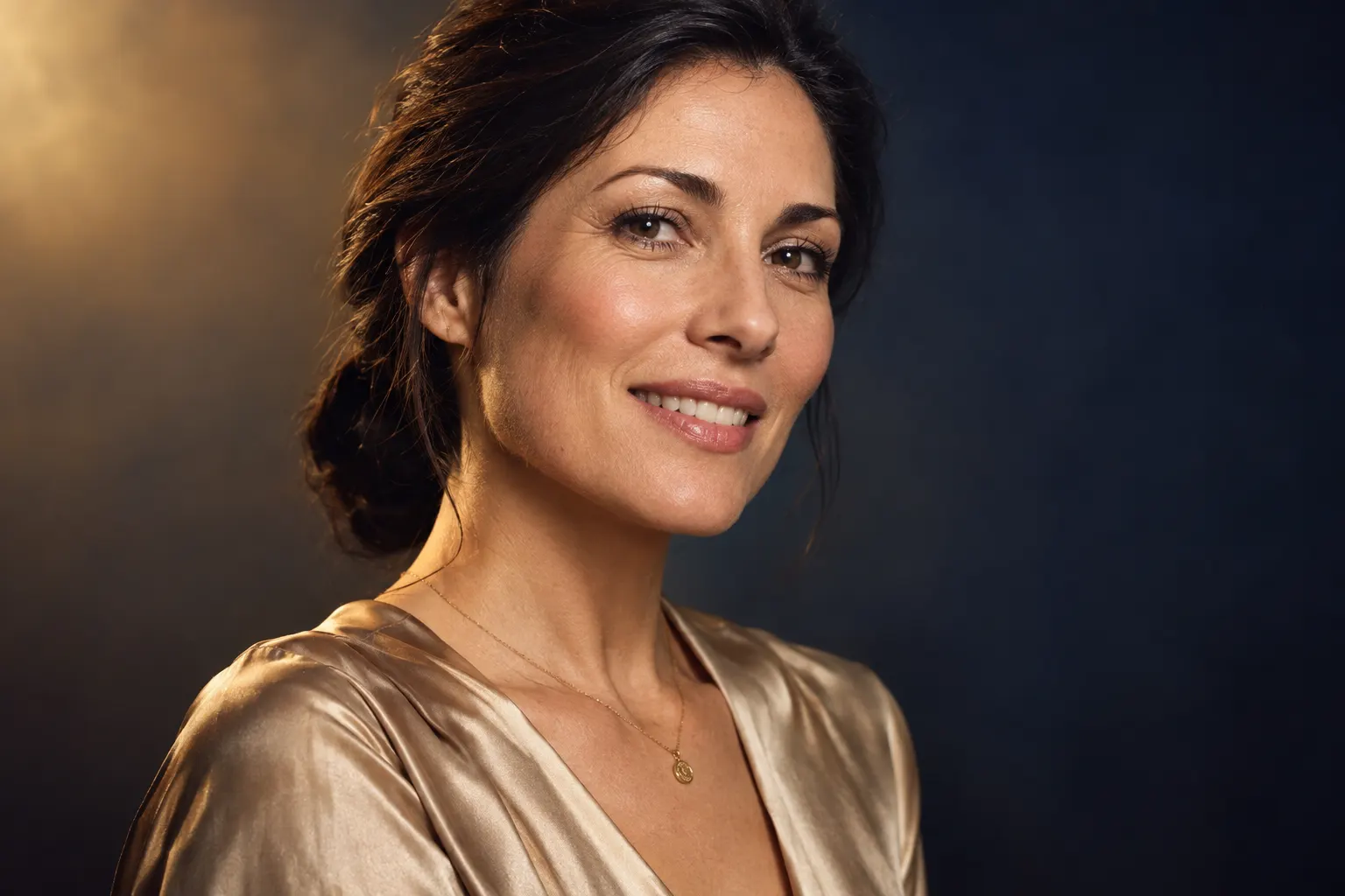 Elegant woman in her forties with a confident natural smile showing beautifully shaped porcelain crowns