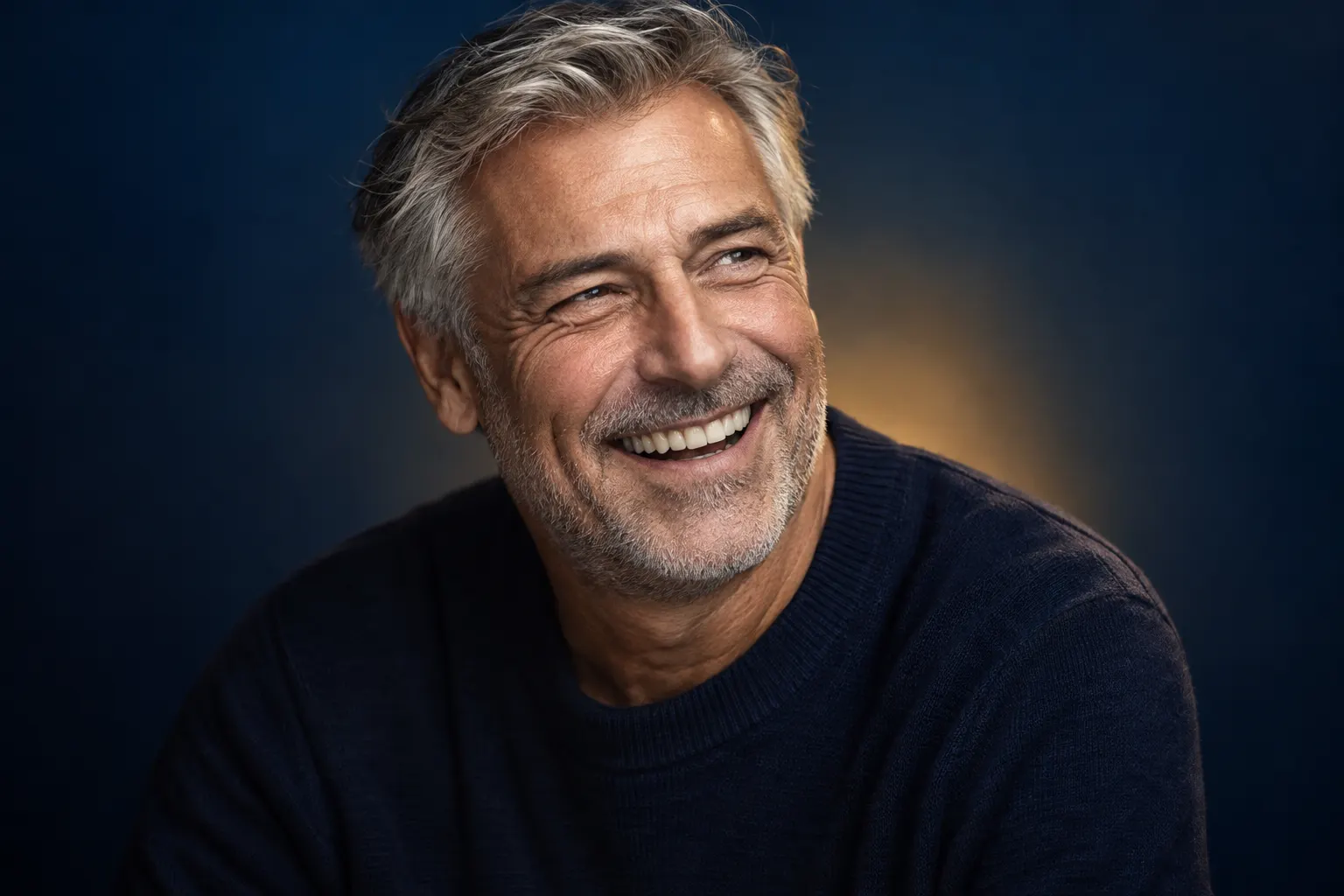 Distinguished man in his sixties laughing with a complete, natural, healthy smile after dental implants
