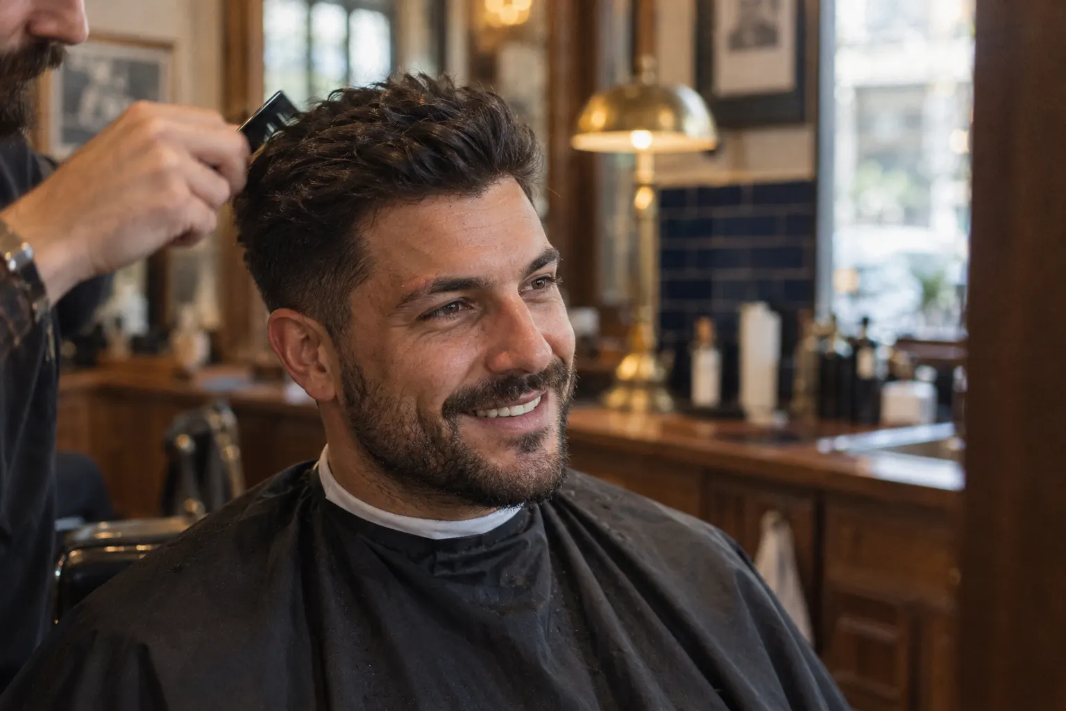 Man in a barber chair grinning at his reflection, showing exceptionally dense natural hair after a DHI transplant