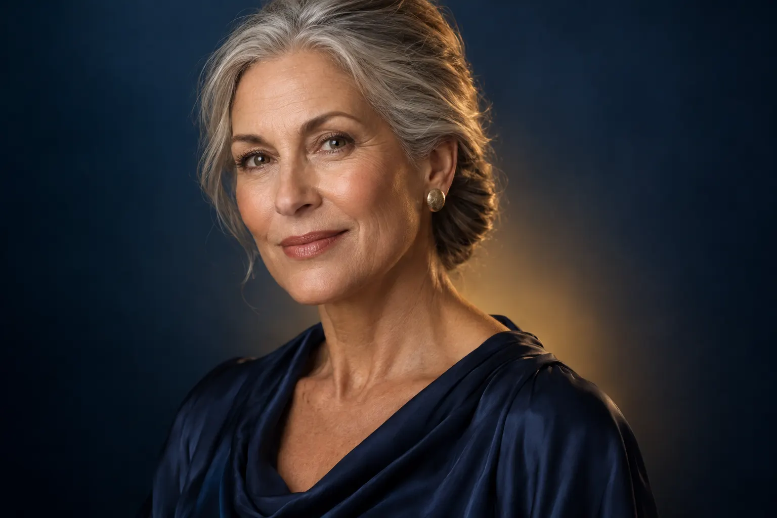 Elegant facelift patient in her late fifties with a naturally refined jawline, navy studio portrait