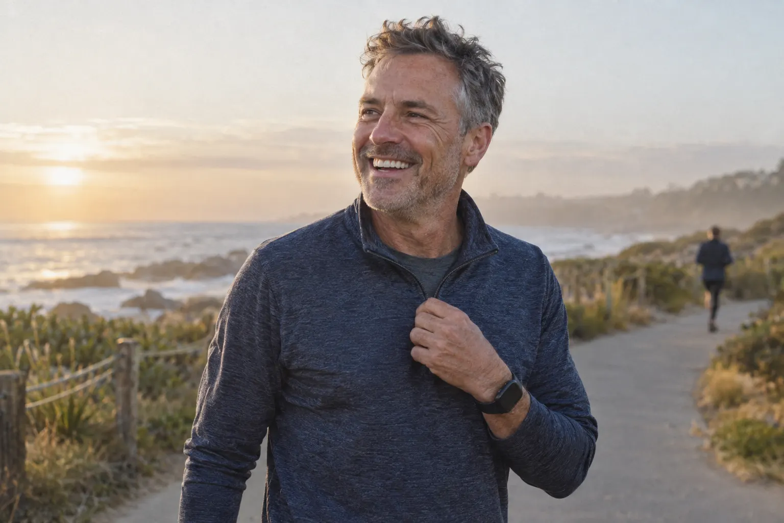 Confident gastric bypass patient on a golden-hour coastal morning walk