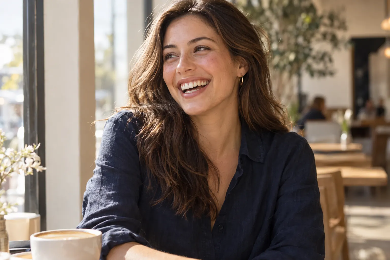 Young woman laughing openly in a sunlit cafe, showing perfectly aligned teeth after orthodontic treatment